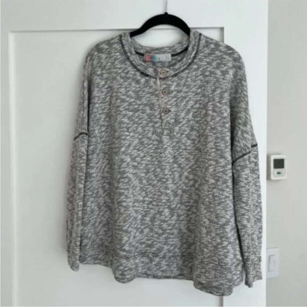 Free People Beach Gray Oversized Henley Crewneck Long Sleeve Sweater [XS] - Picture 2 of 4